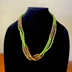 Vintage Lime Green and Brown Wooden Beaded Necklace